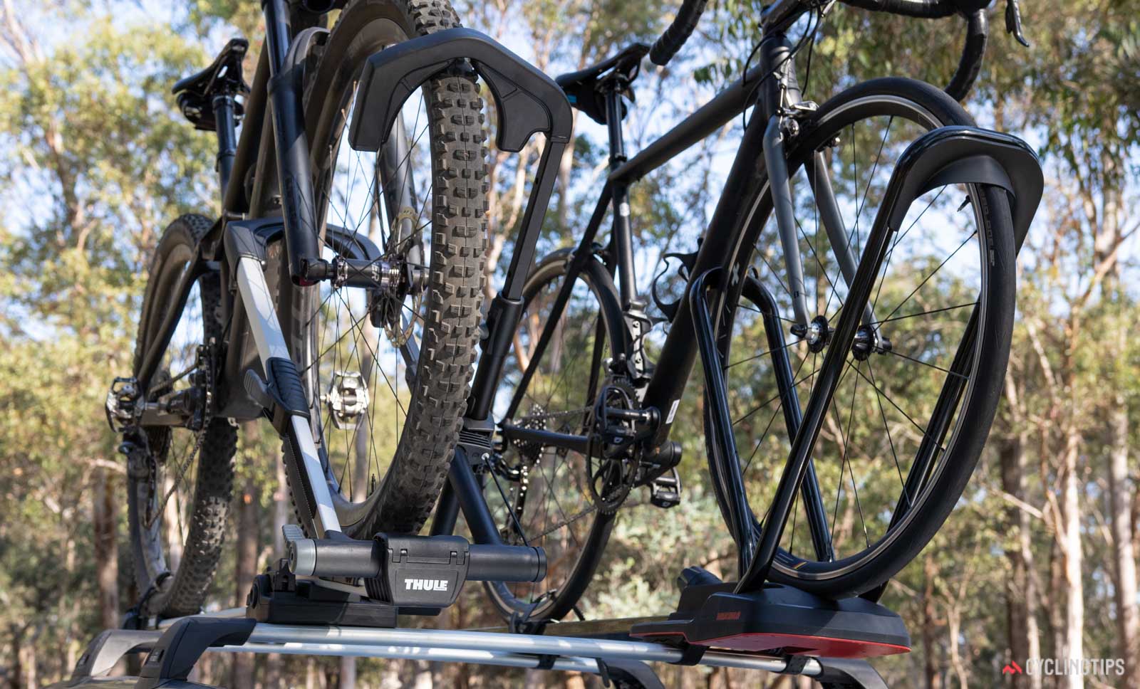 Yakima HighRoad versus Thule UpRide bike carrier review bikes mounted